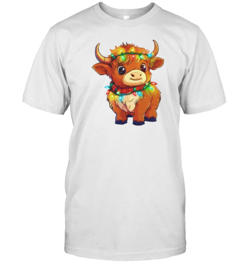 Cute Christmas Lights Baby Scottish Highland Cow T-Shirt