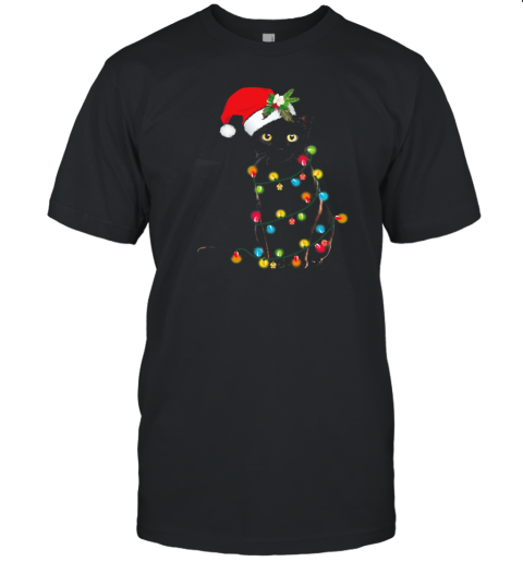 Santa Black Cat Tangled Up In Christmas Tree Lights Holiday T-Shirt