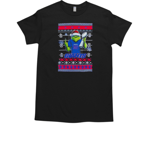 New York Giants X Grinch Christmas with Super Bowl Trophy ugly Christmas T-Shirt