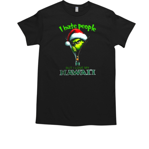 Grinch Santa Hat I Hate People But I Love My Hawai_i Rainbow Warriors Christmas Logo T-Shirt