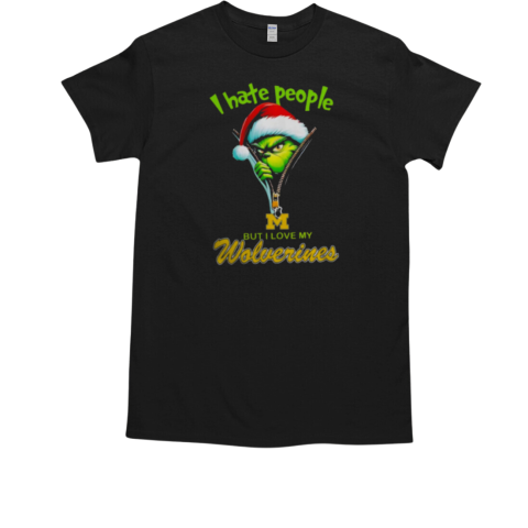 Grinch Santa Hat I Hate People But I Love My Michigan Wolverines Christmas Logo T-Shirt