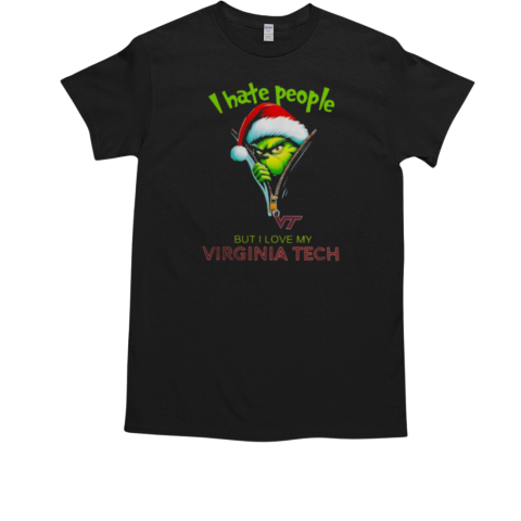 Grinch Santa Hat I Hate People But I Love My Virginia Tech Hokies Christmas Logo T-Shirt