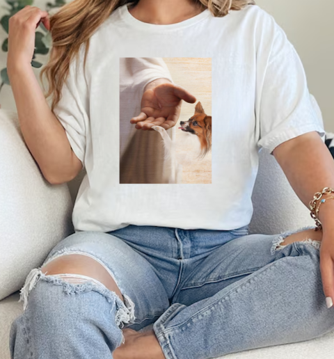 Jesus Christ And Papillon Dog Take My Hand Poster  Classic Womens T-shirt