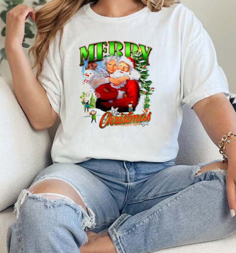 Merry Christmas Santa Claus and Wife Christmas tree snow vintage 2024  Classic Womens T-shirt