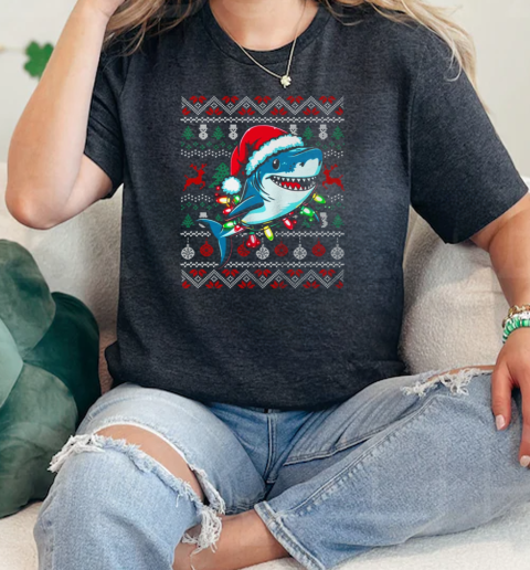 Merry Sharkmas Santa Shark Ugly Christmas Lights Xmas  Classic Womens T-shirt