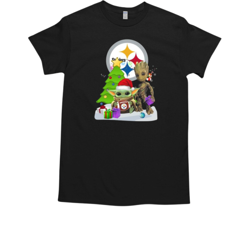 Santa Groot and Baby Yoda hug Pittsburgh Steelers Snow Christmas Tree 2024 Gift T-Shirt