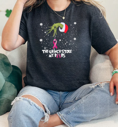 The Grinch Hand holding Breast Cancer the Grinch stole my boobs Merry Christmas  Classic Womens T-shirt