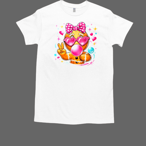 Pink Gingerbread Girl With Sunglasses Blowing Bubble Xmas T-Shirt