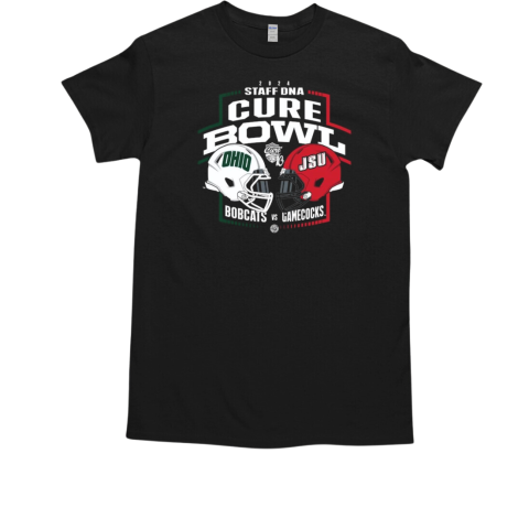 2024 StaffDNA Cure Bowl 2024 Ohio Bobcats Vs Jacksonville State Gamecocks Helmet Head To Head T-Shirt