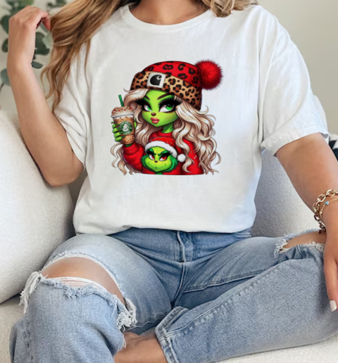 Girl Grin with coffee and cheetah beanie christmas  Classic Womens T-shirt