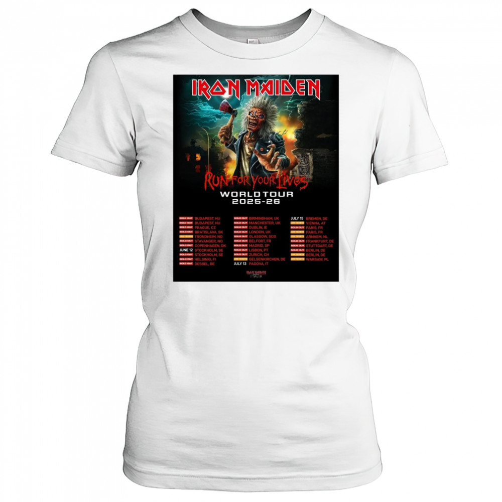Iron Maiden Run For Your Lives World Tour 2025-26 June 12 Stockholm SE July 13 Padova IT July 15 Bremen DE Poster t-shirt Women's T-shirt