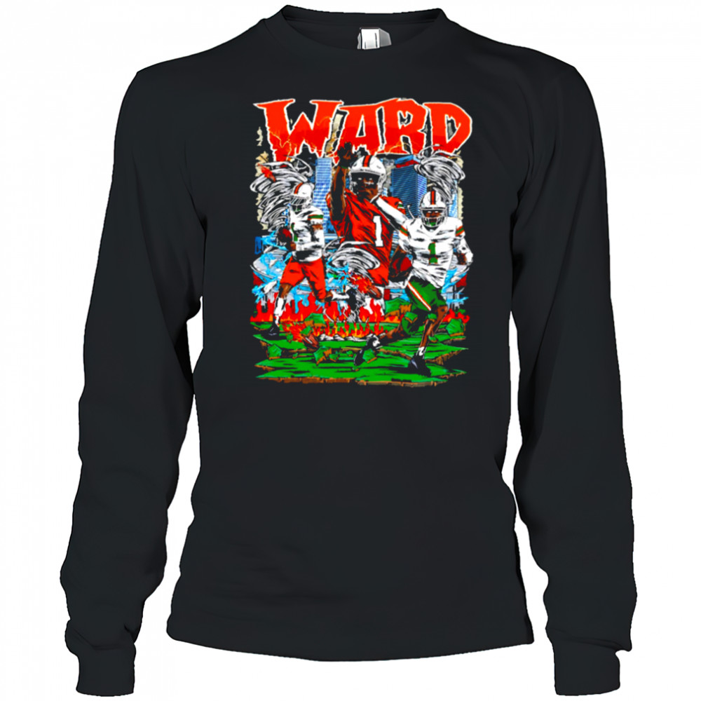 WARD Number 1 Miami Hurricanes Football Player Comic Style City Flames shirt Long Sleeved