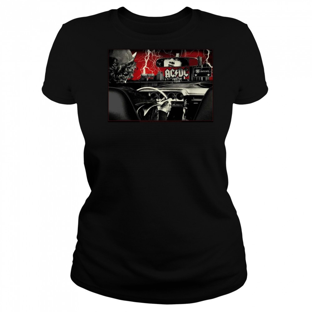 ACDC PWR Up Detroit 2025 At Ford Field Michigan On April 30 2025 Angus Young Riding A Car Shirt Women's T-shirt