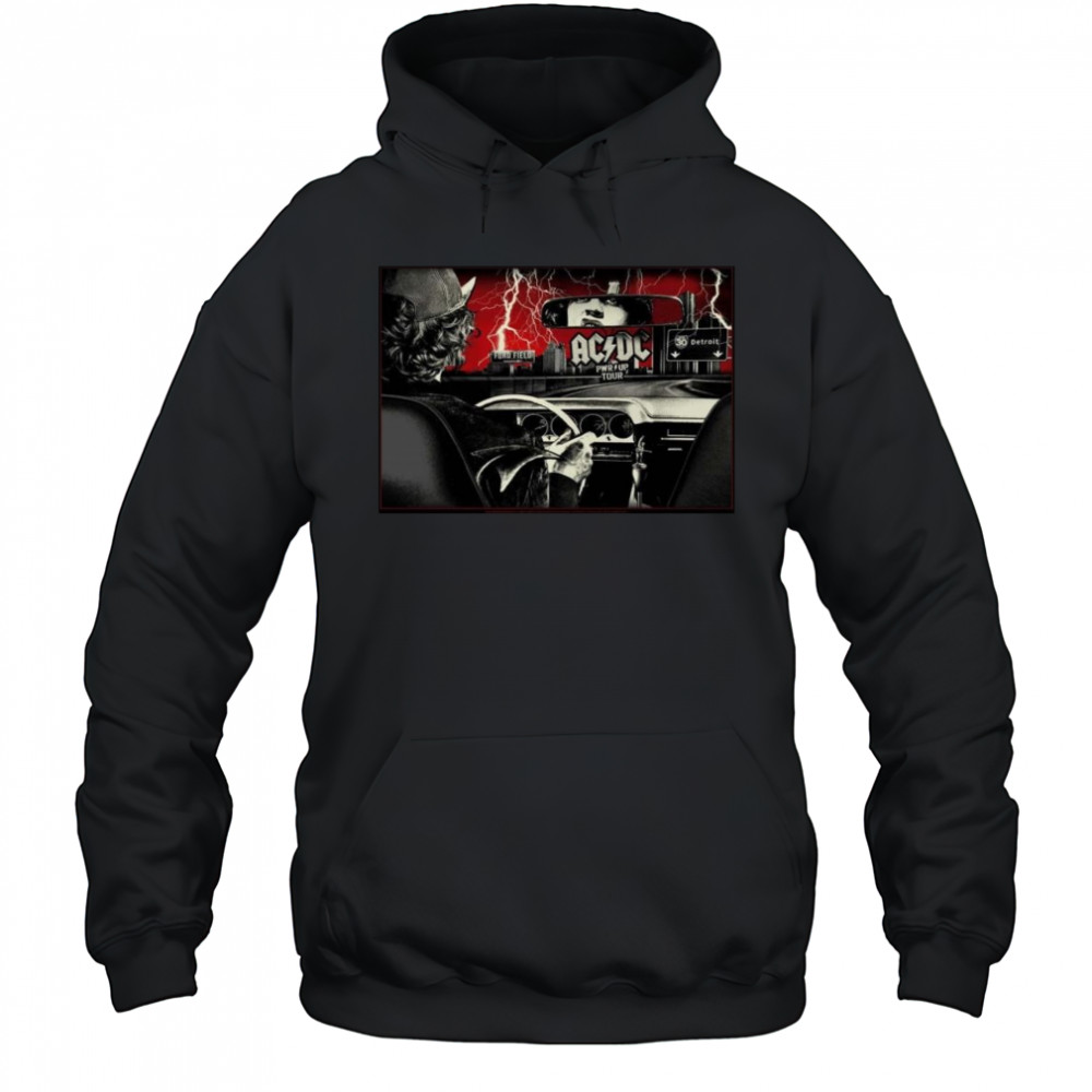 ACDC PWR Up Detroit 2025 At Ford Field Michigan On April 30 2025 Angus Young Riding A Car Shirt Hoodie