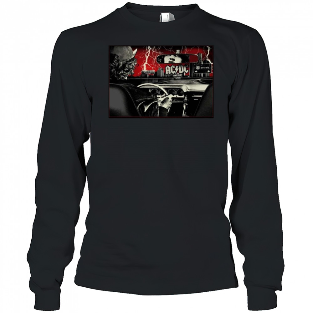 ACDC PWR Up Detroit 2025 At Ford Field Michigan On April 30 2025 Angus Young Riding A Car Shirt Long Sleeved