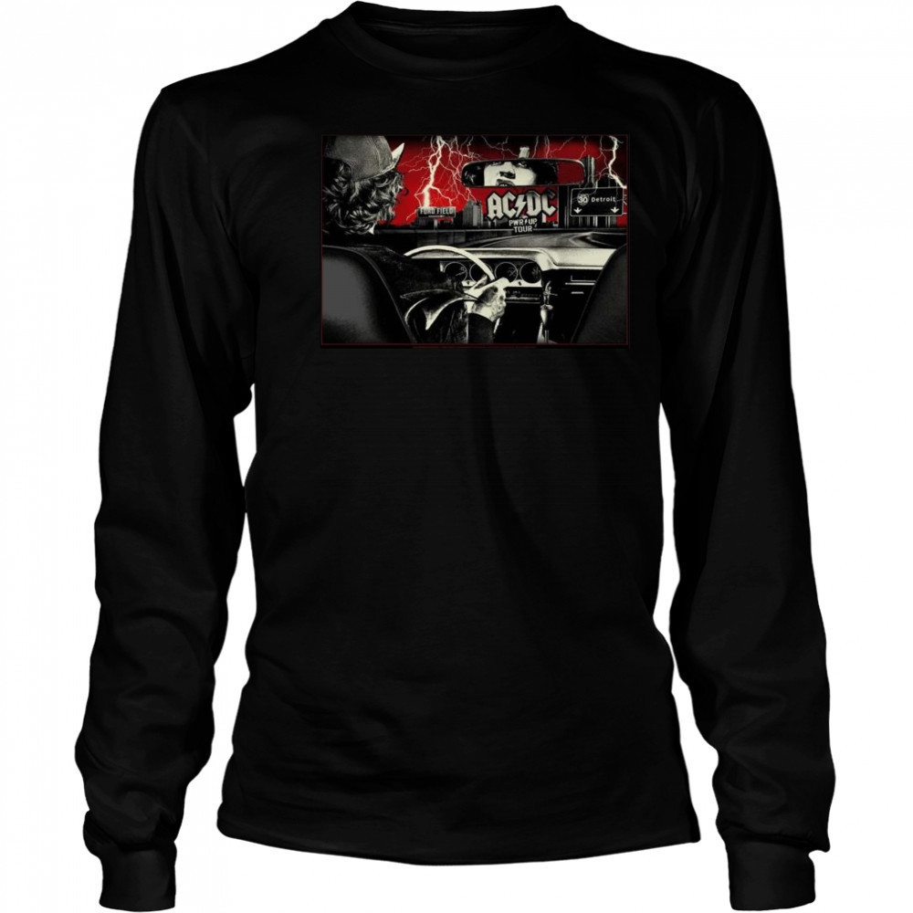 ACDC PWR Up Detroit 2025 At Ford Field Michigan On April 30 2025 Angus Young Riding A Car Shirt Long Sleeved