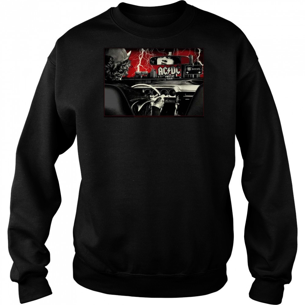 ACDC PWR Up Detroit 2025 At Ford Field Michigan On April 30 2025 Angus Young Riding A Car Shirt Hoodie
