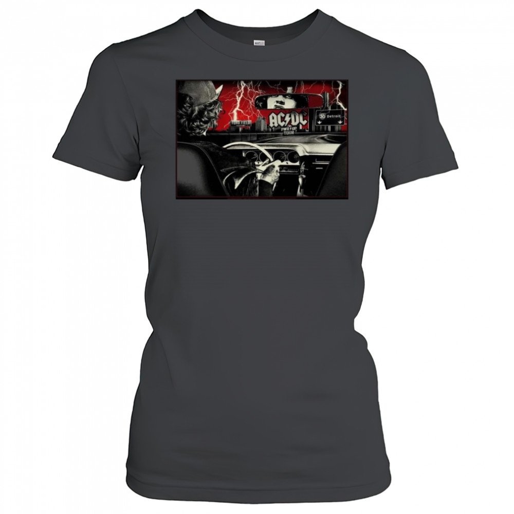 ACDC PWR Up Detroit 2025 At Ford Field Michigan On April 30 2025 Angus Young Riding A Car Shirt Women's T-shirt