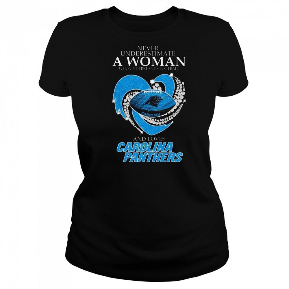 Never Underestimate A Woman Who Understands Football And Loves Carolina Panthers Diamond Heart 2025 Shirt Women's T-shirt