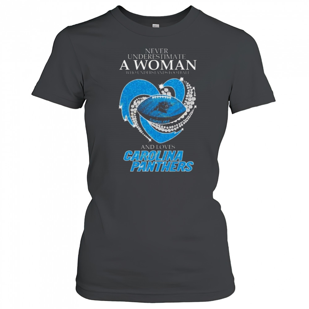 Never Underestimate A Woman Who Understands Football And Loves Carolina Panthers Diamond Heart 2025 Shirt Women's T-shirt