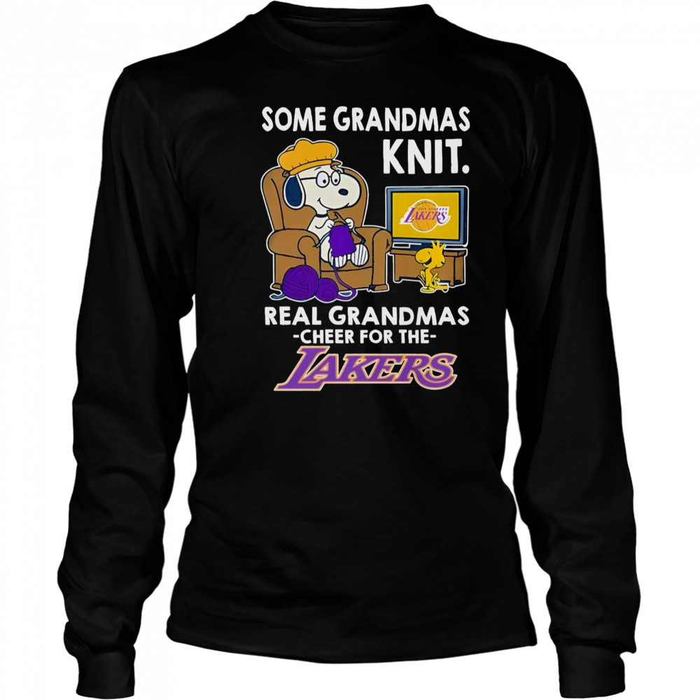 Snoopy And Woodstock The Peanuts Some Grandmas Knit Real Grandmas Cheer Los Angeles Lakers T-Shirt Long Sleeved