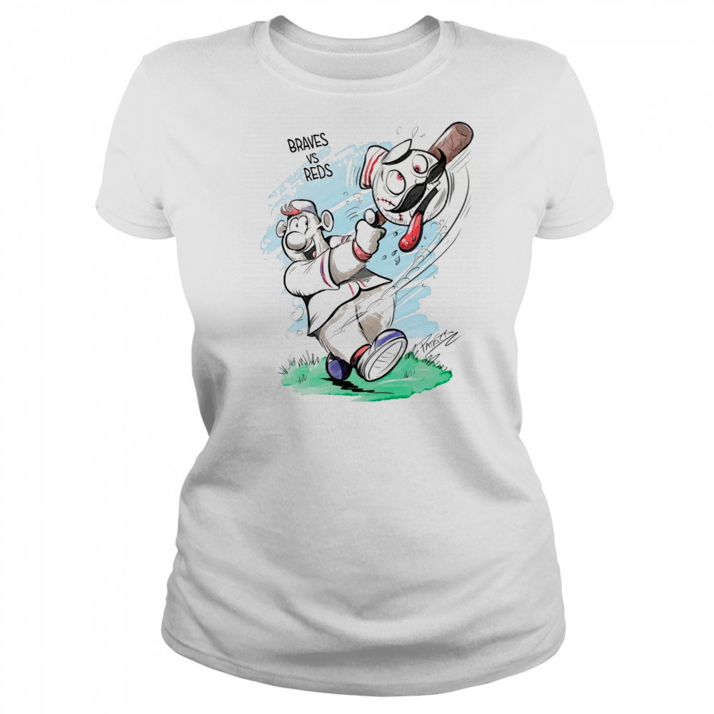 Atlanta Braves and Cincinnati Reds Patrick Carlson Mascot Art 2025 t-shirt Women's T-shirt