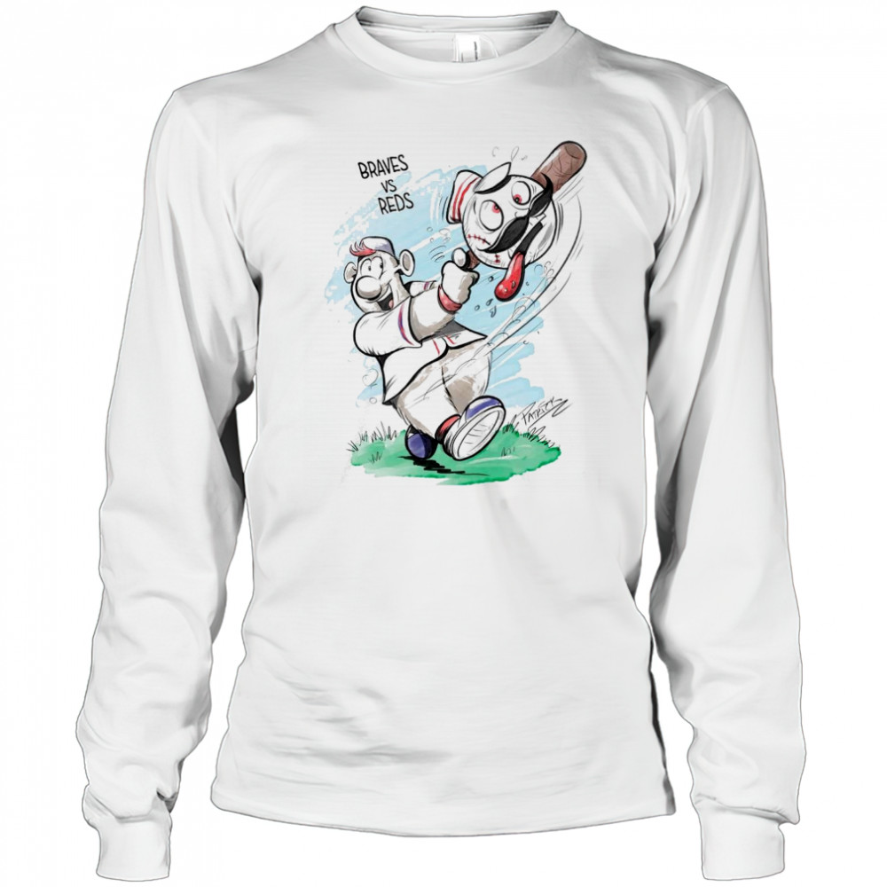 Atlanta Braves and Cincinnati Reds Patrick Carlson Mascot Art 2025 t-shirt Long Sleeved