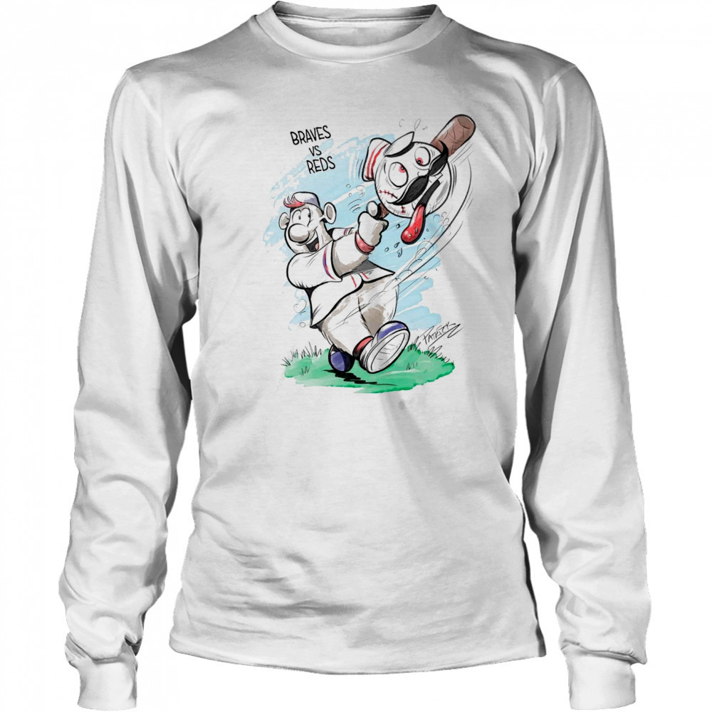 Atlanta Braves and Cincinnati Reds Patrick Carlson Mascot Art 2025 t-shirt Long Sleeved