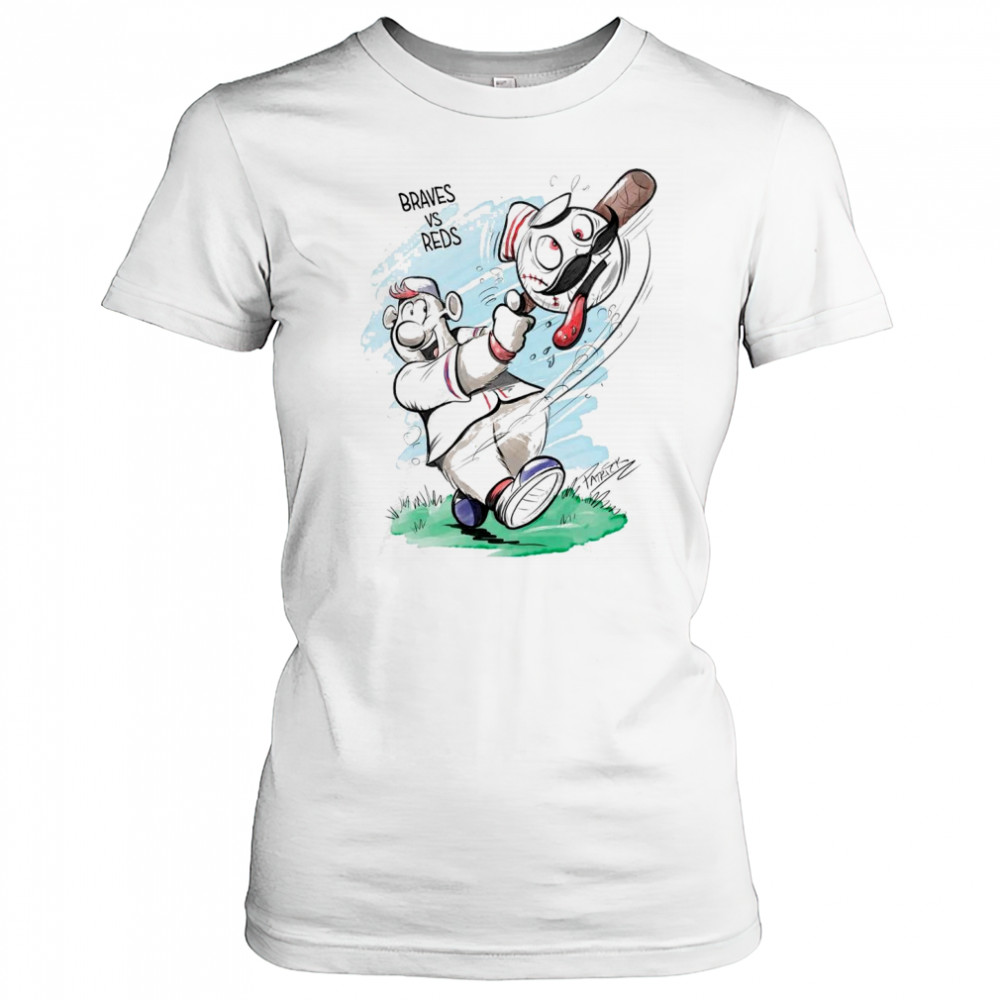 Atlanta Braves and Cincinnati Reds Patrick Carlson Mascot Art 2025 t-shirt Women's T-shirt