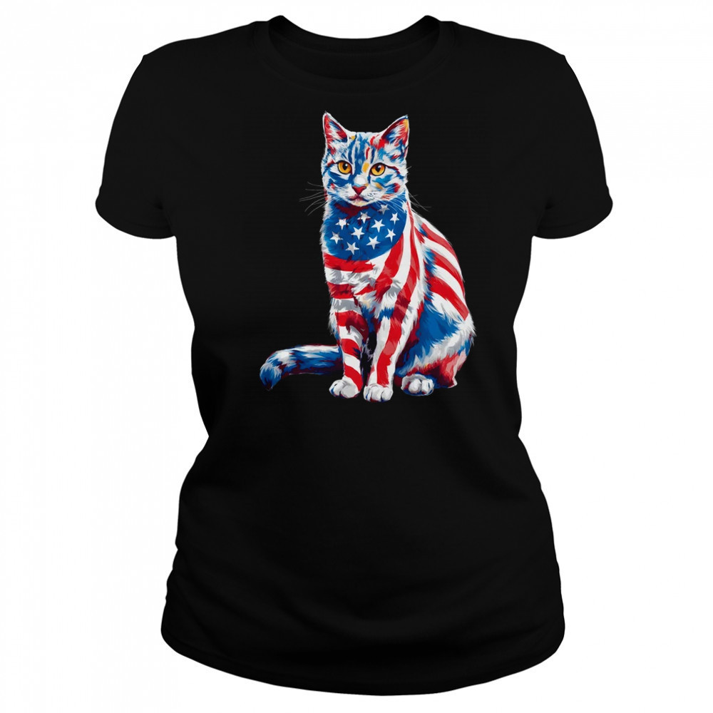 Funny Cute Cat Green Eyes USA Flag 4th Of July Cat Lover shirt Women's T-shirt