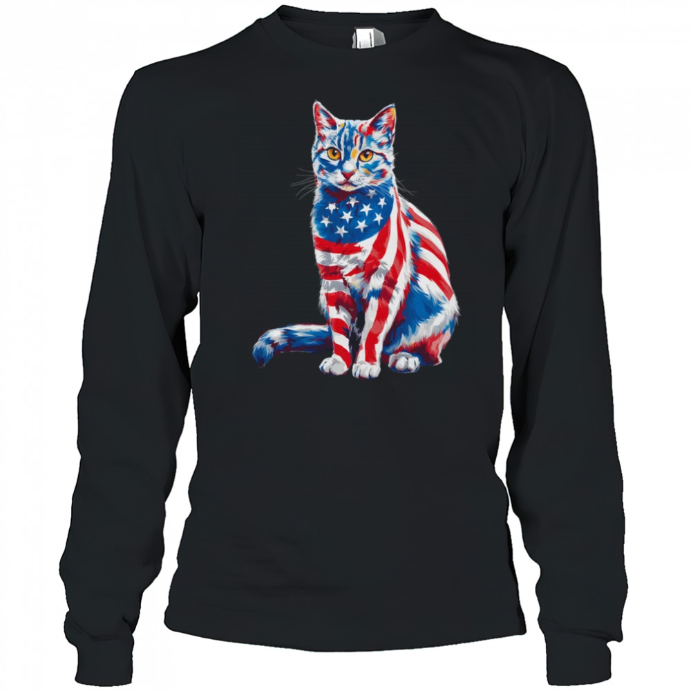 Funny Cute Cat Green Eyes USA Flag 4th Of July Cat Lover shirt Long Sleeved