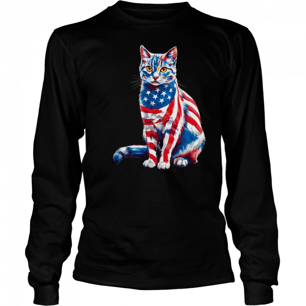 Funny Cute Cat Green Eyes USA Flag 4th Of July Cat Lover shirt Long Sleeved