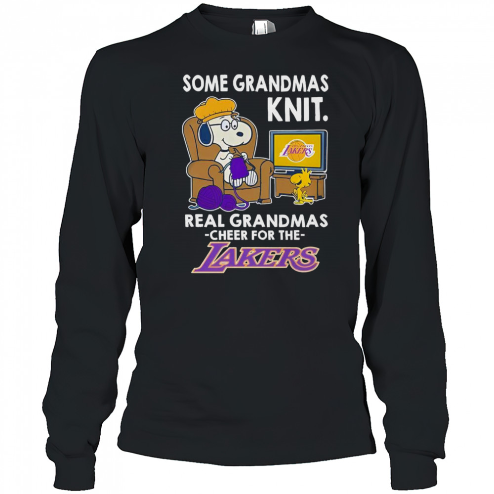 Snoopy And Woodstock The Peanuts Some Grandmas Knit Real Grandmas Cheer Los Angeles Lakers T-Shirt Long Sleeved