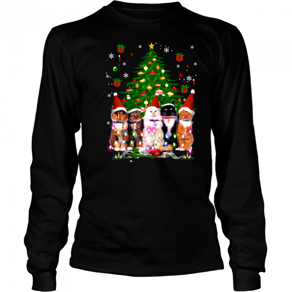 Santa Cats light Christmas tree Long Sleeved