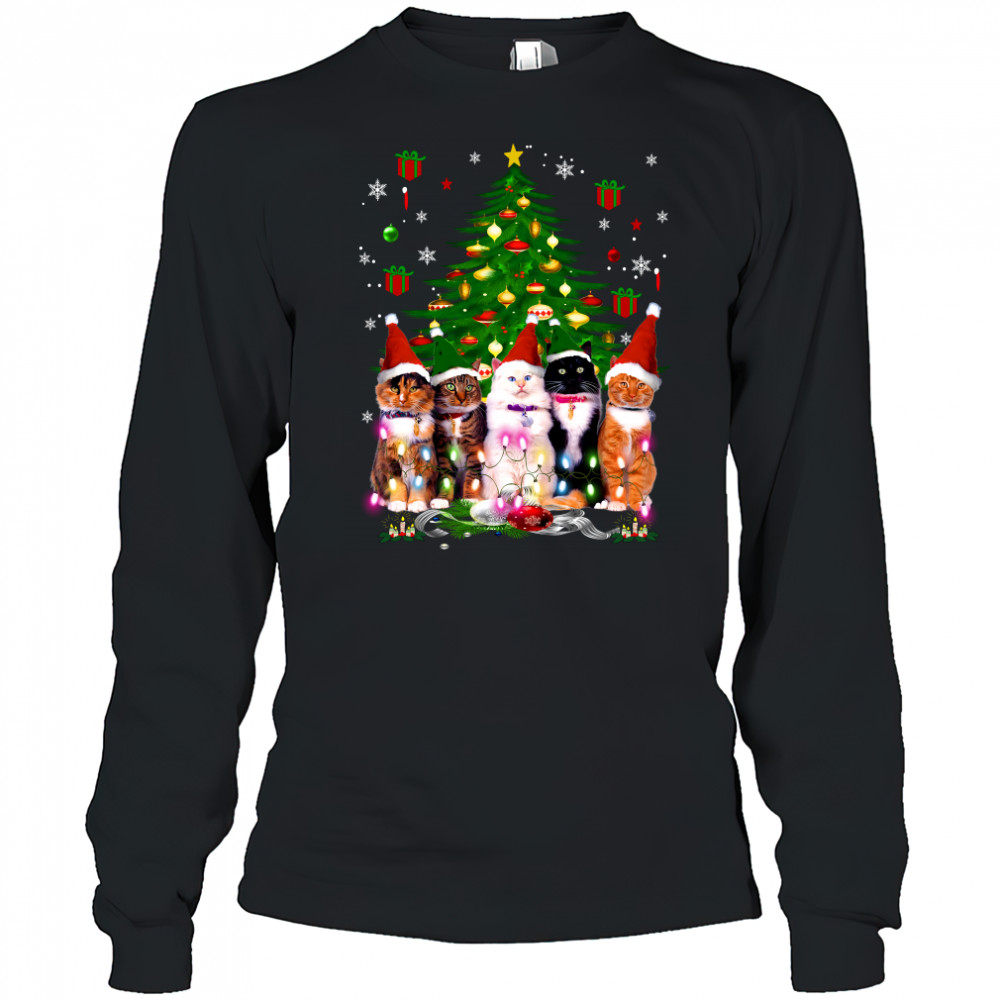 Santa Cats light Christmas tree Long Sleeved