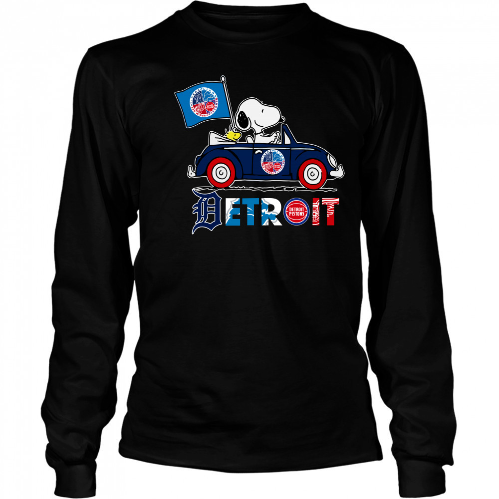 Snoopy And Woodstock Driver Car Detroit City Sports Tigers Lions Pistons And Red Wings Long Sleeved