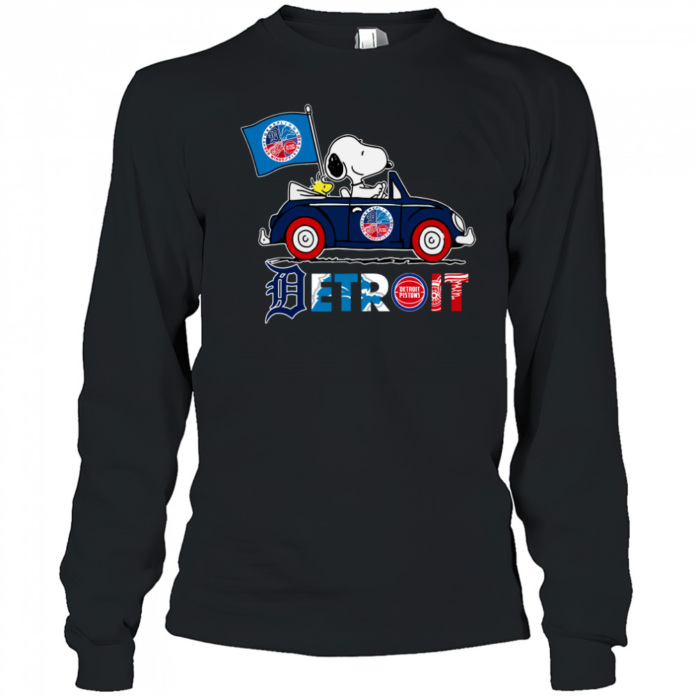 Snoopy And Woodstock Driver Car Detroit City Sports Tigers Lions Pistons And Red Wings Long Sleeved
