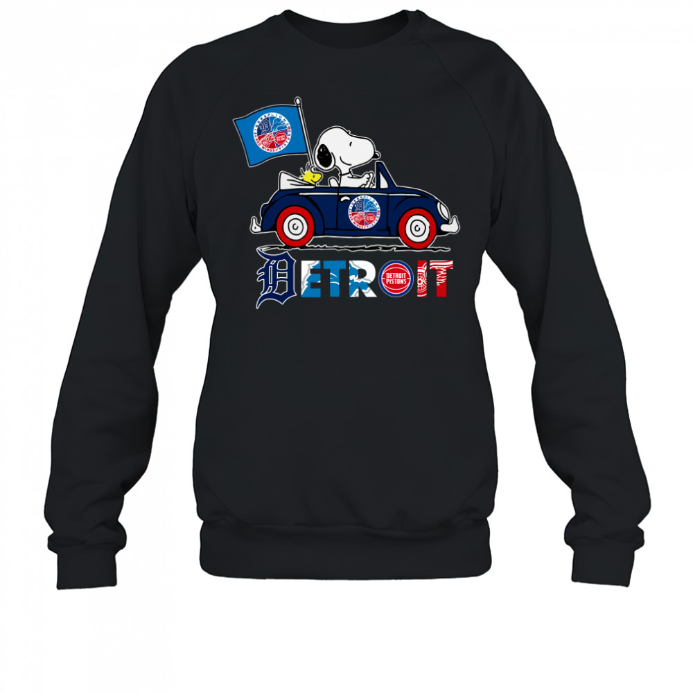 Snoopy And Woodstock Driver Car Detroit City Sports Tigers Lions Pistons And Red Wings Sweatshirt