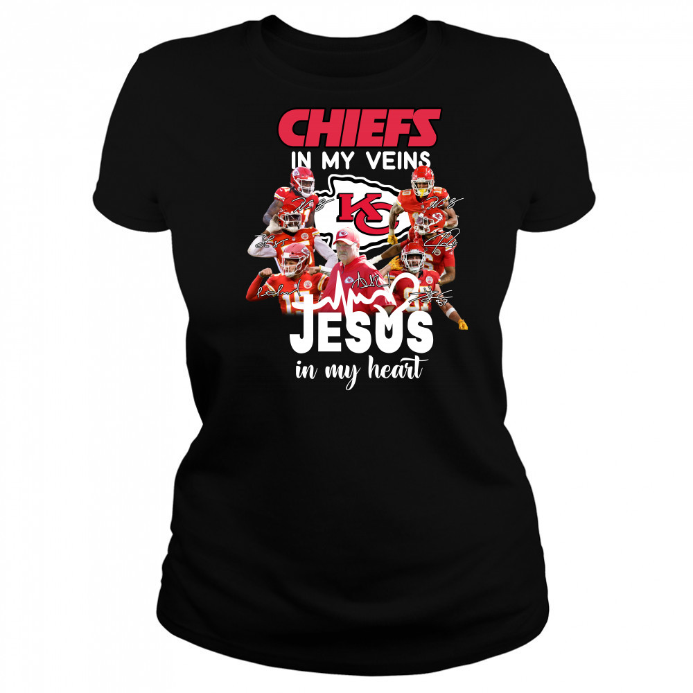 Super Bowl LVII Champions Kansas City Chiefs In My Veins Jesus In My Heart Signatures Women's T-shirt