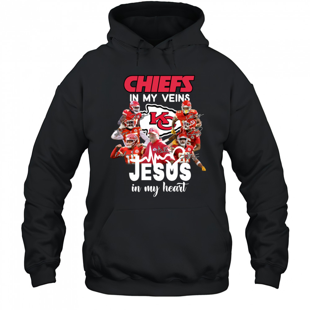 Super Bowl LVII Champions Kansas City Chiefs In My Veins Jesus In My Heart Signatures Hoodie