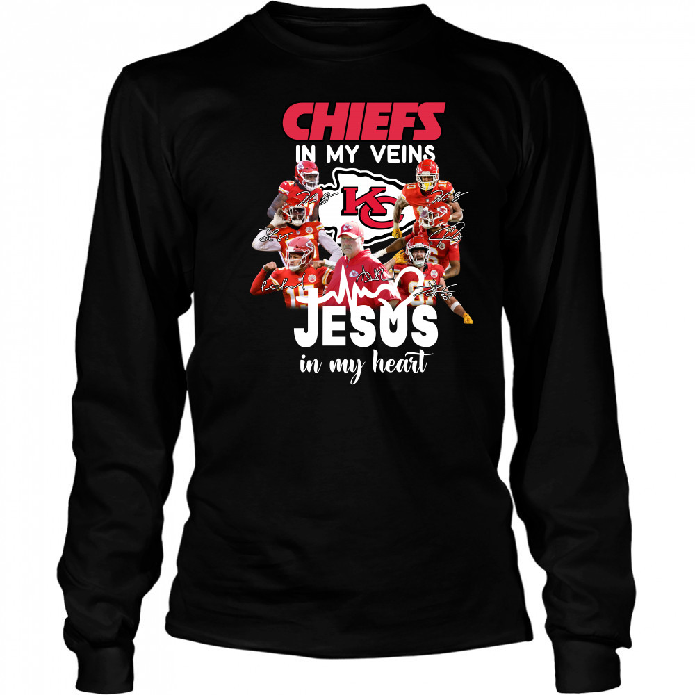Super Bowl LVII Champions Kansas City Chiefs In My Veins Jesus In My Heart Signatures Long Sleeved