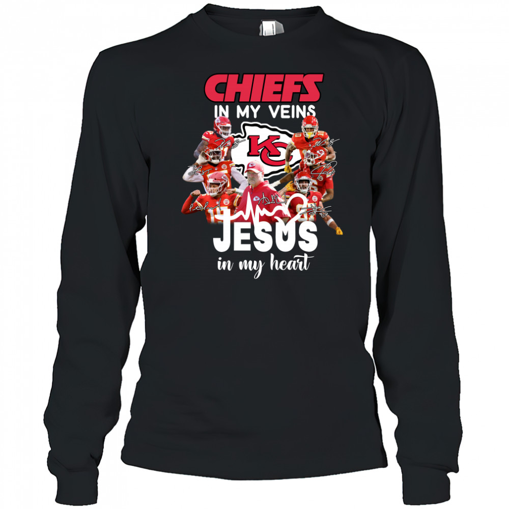Super Bowl LVII Champions Kansas City Chiefs In My Veins Jesus In My Heart Signatures Long Sleeved