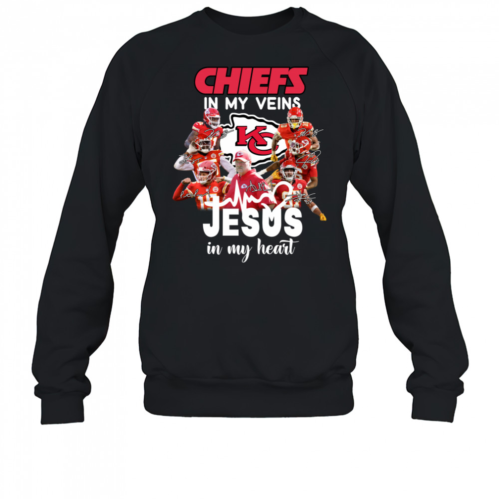 Super Bowl LVII Champions Kansas City Chiefs In My Veins Jesus In My Heart Signatures Sweatshirt