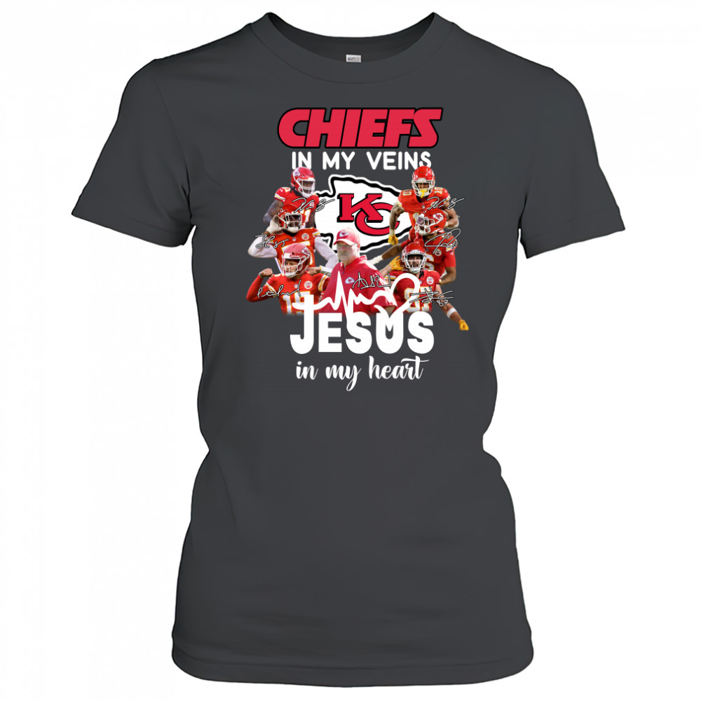 Super Bowl LVII Champions Kansas City Chiefs In My Veins Jesus In My Heart Signatures Women's T-shirt