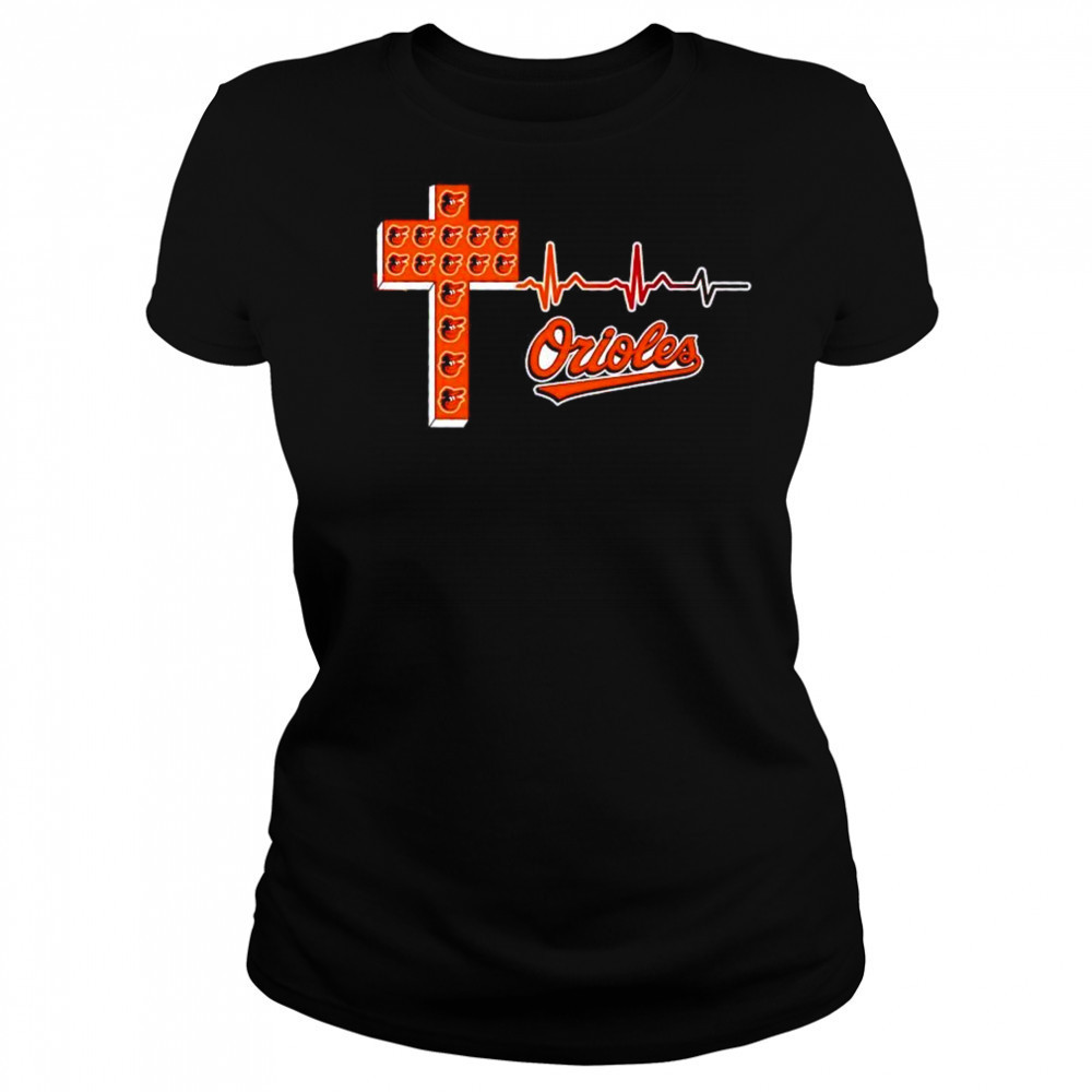 Baltimore Orioles logo Christian cross heartbeat shirt Women's T-shirt