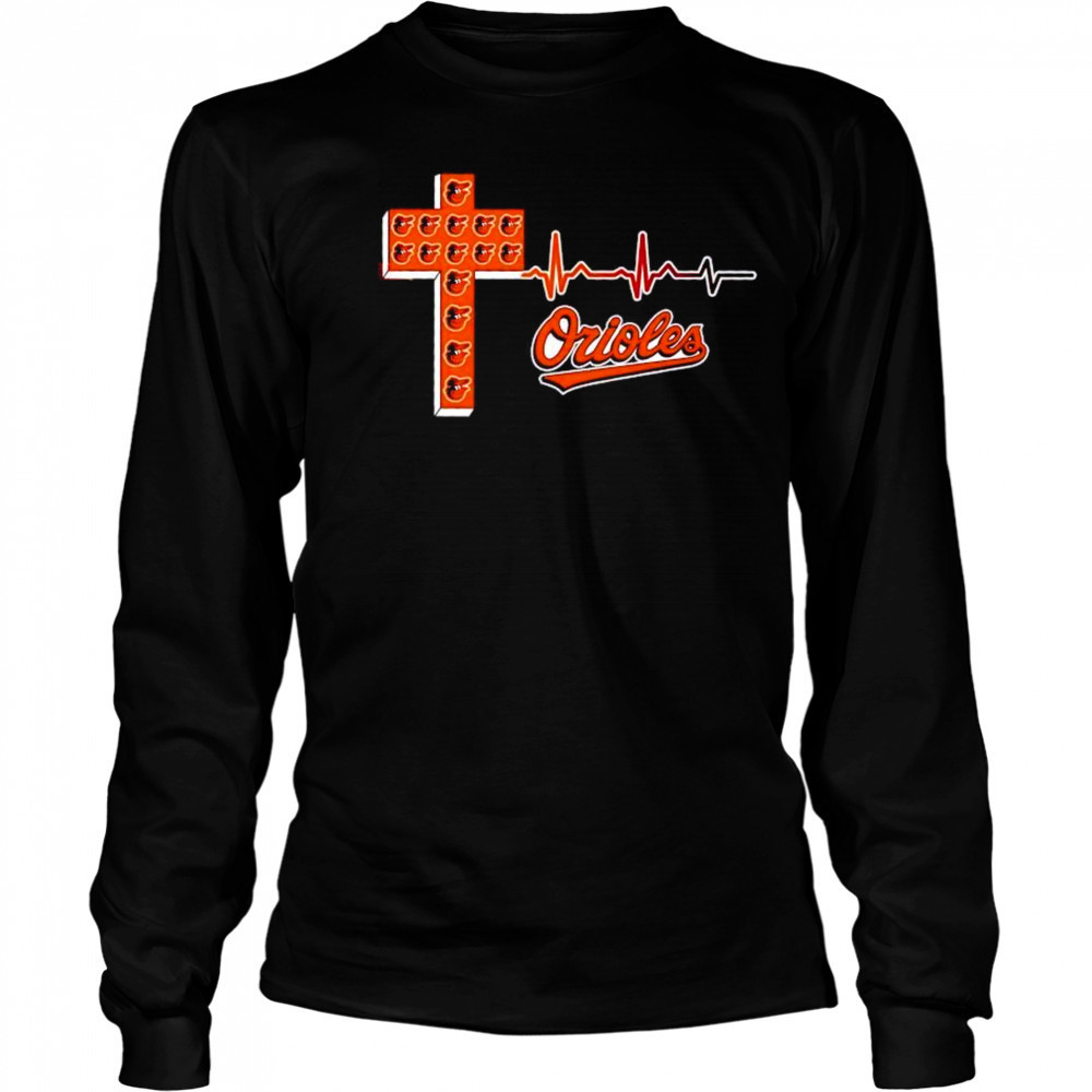 Baltimore Orioles logo Christian cross heartbeat shirt Long Sleeved