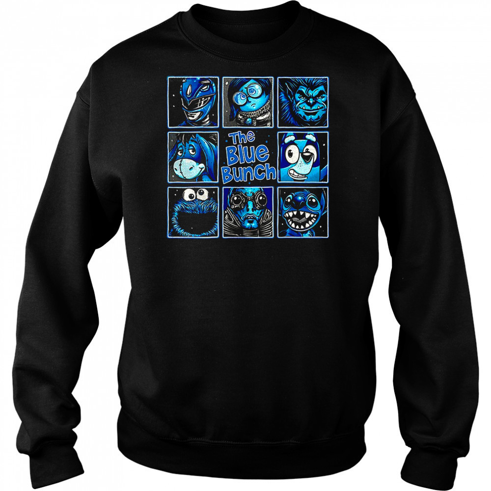 Blue Ranger Sadness Beast Eeyore Bluey Cookie Monster Abe Sapien and Stitch The Blue Bunch shirt Hoodie