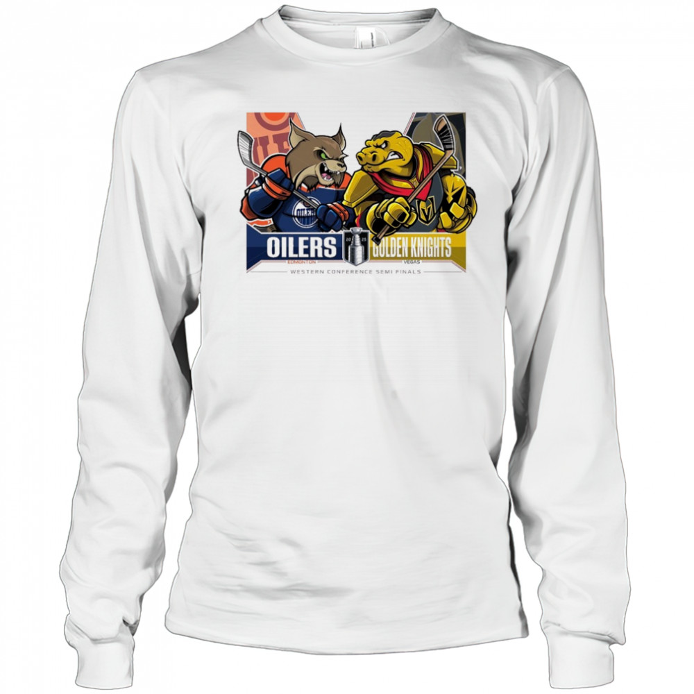 Edmonton Oilers Vs Vegas Golden Knights 2025 2nd Round Matchups Western Conference Semi Finals Mascot t-shirt Long Sleeved