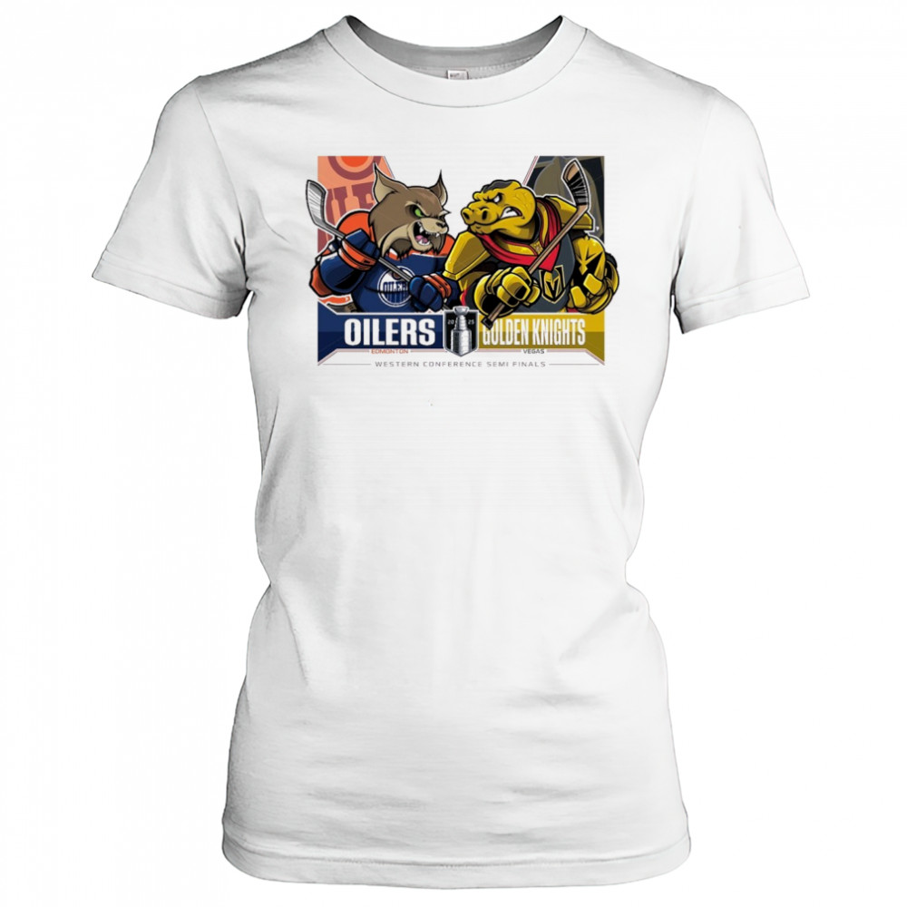 Edmonton Oilers Vs Vegas Golden Knights 2025 2nd Round Matchups Western Conference Semi Finals Mascot t-shirt Women's T-shirt