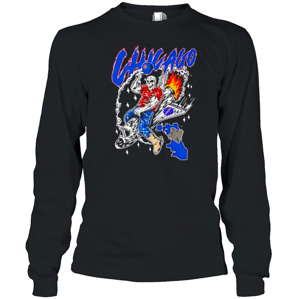Skeleton riding space ship Chicago Cubs shirt Long Sleeved